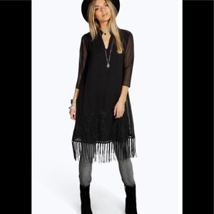Boohoo Embroidery & Tassle Black Tunic Dress